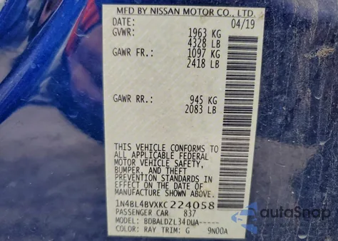 2019 Nissan Altima S from USA, damaged, VIN 1N4BL4BVXKC224058